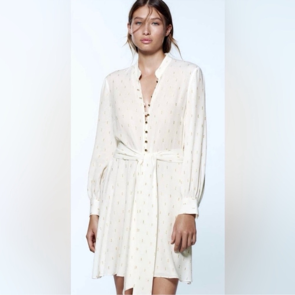 Zara Ecru Metallic Thread Dress Size Large